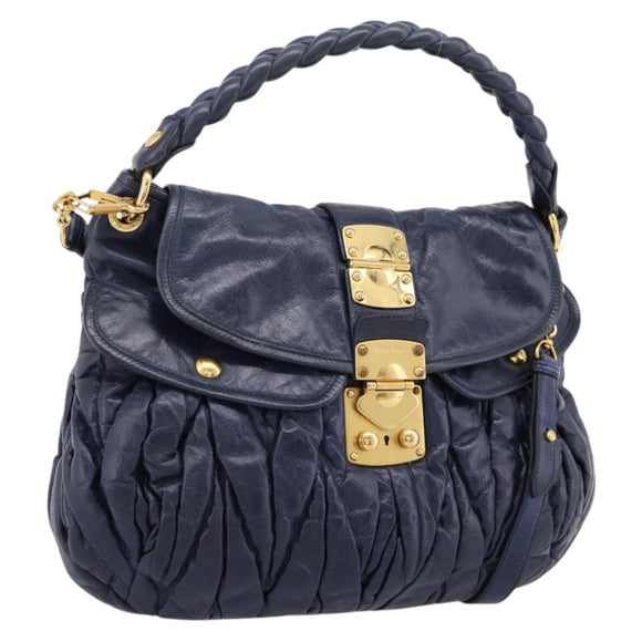 Miu Miu Matelasse Hand Bag Leather 2way Navy Gold Auth 199410V