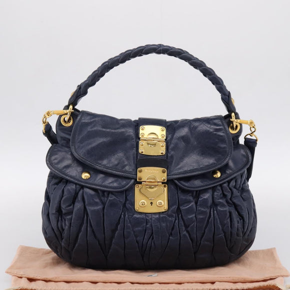 Miu Miu Matelasse Hand Bag Leather 2way Navy Gold Auth 199410V