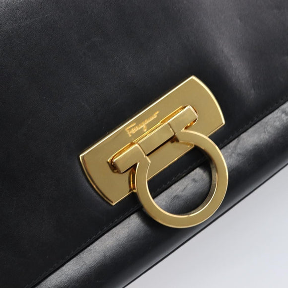 Salvatore Ferragamo Gancini Shoulder Bag Leather Black Gold Auth 199456