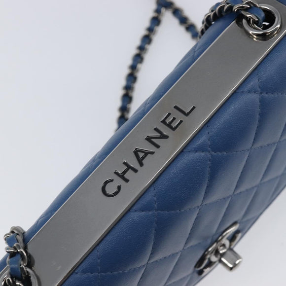 CHANEL Matelasse Trendy CC Chain Wallet Lamb Skin Blue Silver CC Auth 199460SAM