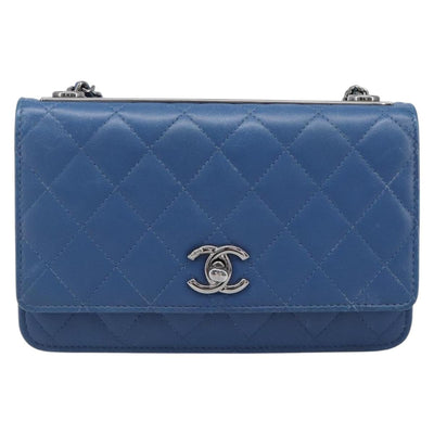 CHANEL Matelasse Trendy CC Chain Wallet Lamb Skin Blue Silver CC Auth 199460SAM - 0