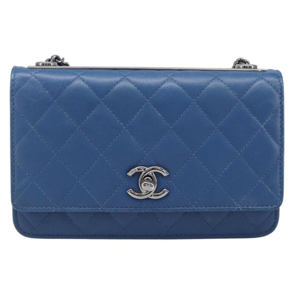 CHANEL Matelasse Trendy CC Chain Wallet Lamb Skin Blue Silver CC Auth 199460SAM
