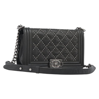 CHANEL Matelasse Boy Chanel Chain Bag Leather Black Silver CC Auth 199461SAM