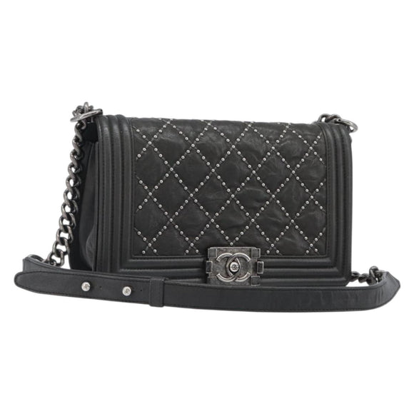 CHANEL Matelasse Boy Chanel Chain Bag Leather Black Silver CC Auth 199461SAM