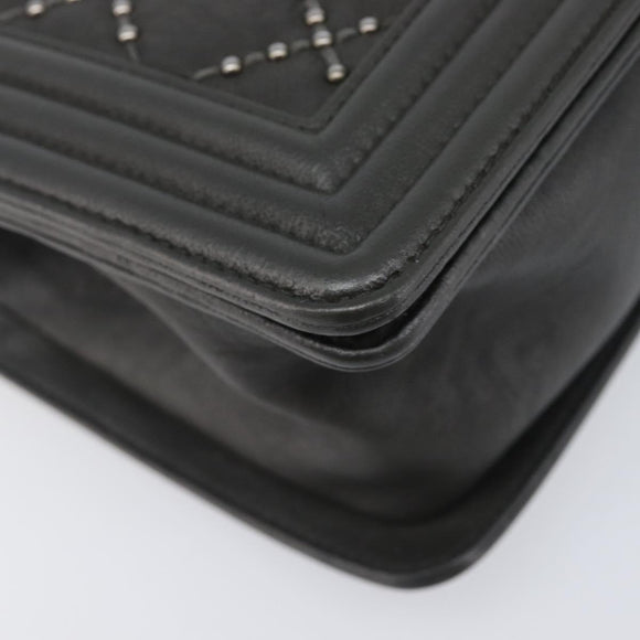 CHANEL Matelasse Boy Chanel Chain Bag Leather Black Silver CC Auth 199461SAM