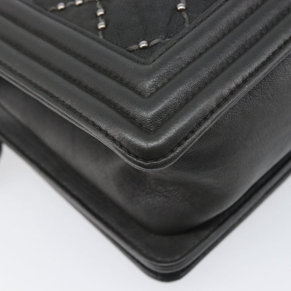 CHANEL Matelasse Boy Chanel Chain Bag Leather Black Silver CC Auth 199461SAM