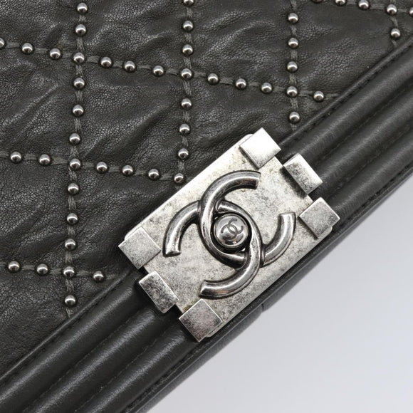 CHANEL Matelasse Boy Chanel Chain Bag Leather Black Silver CC Auth 199461SAM