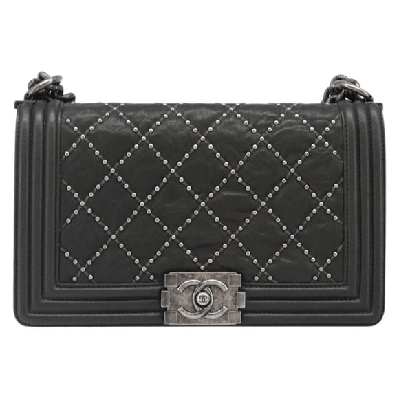 CHANEL Matelasse Boy Chanel Chain Bag Leather Black Silver CC Auth 199461SAM