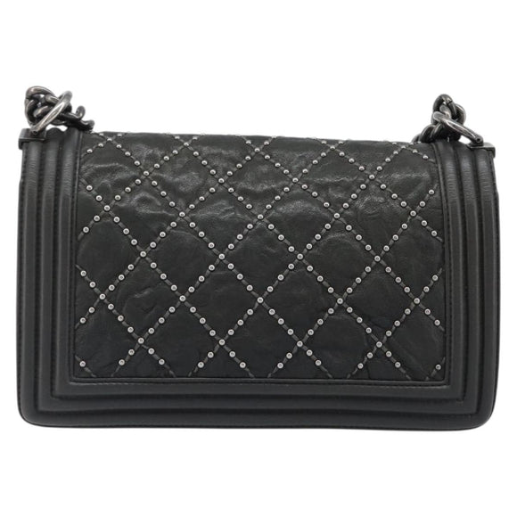 CHANEL Matelasse Boy Chanel Chain Bag Leather Black Silver CC Auth 199461SAM