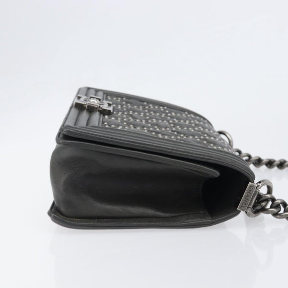 CHANEL Matelasse Boy Chanel Chain Bag Leather Black Silver CC Auth 199461SAM