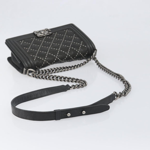 CHANEL Matelasse Boy Chanel Chain Bag Leather Black Silver CC Auth 199461SAM