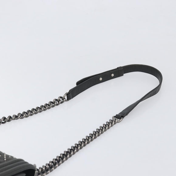 CHANEL Matelasse Boy Chanel Chain Bag Leather Black Silver CC Auth 199461SAM