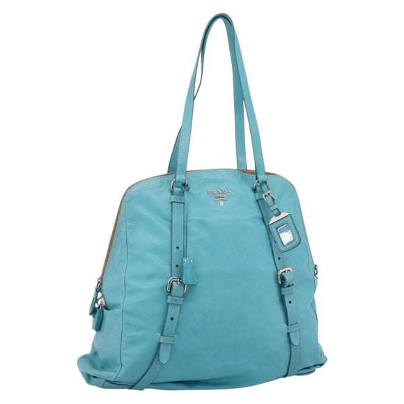 PRADA Tote Bag Leather Light Blue Silver Auth 199466V