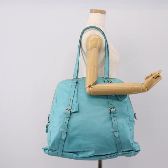 PRADA Tote Bag Leather Light Blue Silver Auth 199466V