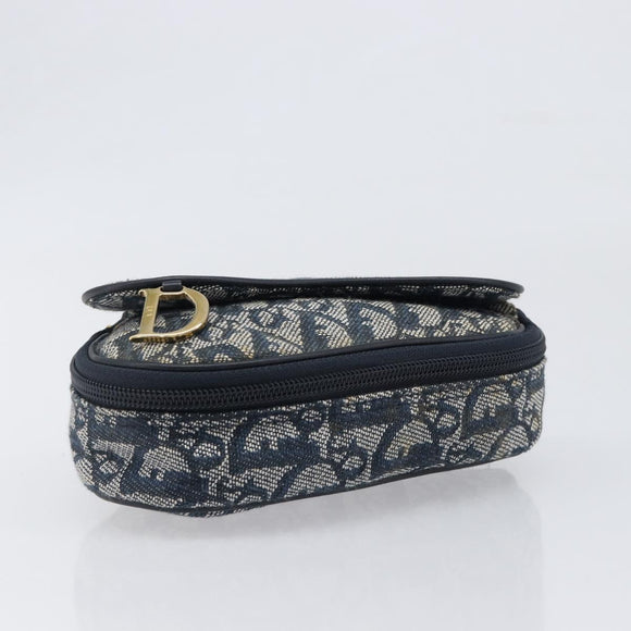 Christian Dior Trotter Canvas Saddle Pouch Navy Gold Auth 199475