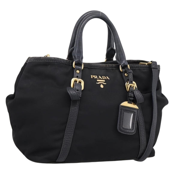PRADA Hand Bag Nylon Leather 2way Black Gold Auth 199485A