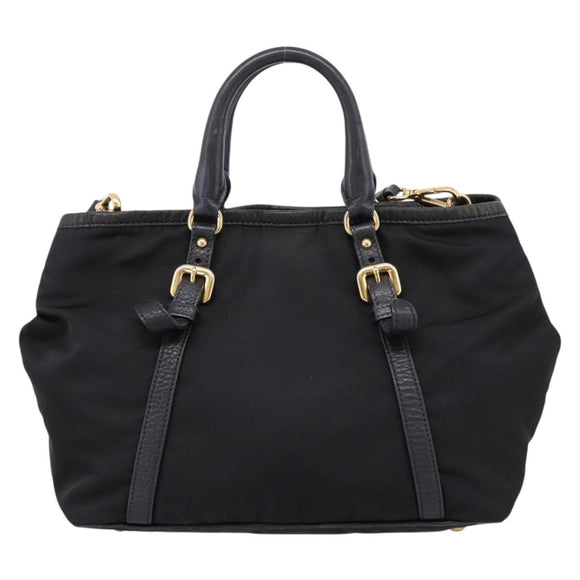 PRADA Hand Bag Nylon Leather 2way Black Gold Auth 199485A