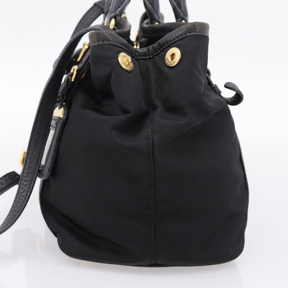 PRADA Hand Bag Nylon Leather 2way Black Gold Auth 199485A