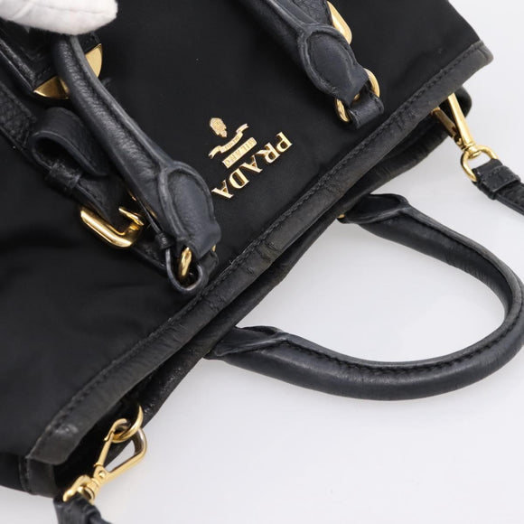 PRADA Hand Bag Nylon Leather 2way Black Gold Auth 199485A