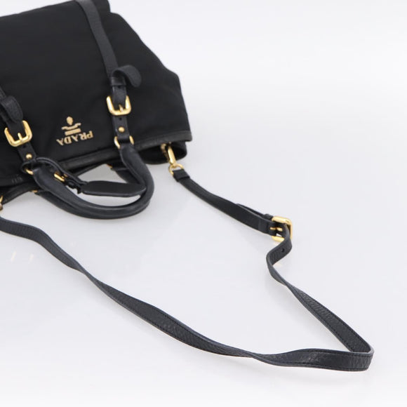 PRADA Hand Bag Nylon Leather 2way Black Gold Auth 199485A