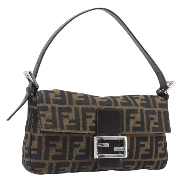 FENDI Zucca Canvas Mamma Baguette Shoulder Bag Brown Silver Auth 199489V