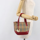 BURBERRY Nova Check Hand Bag Canvas Beige Red Auth 199497A-23