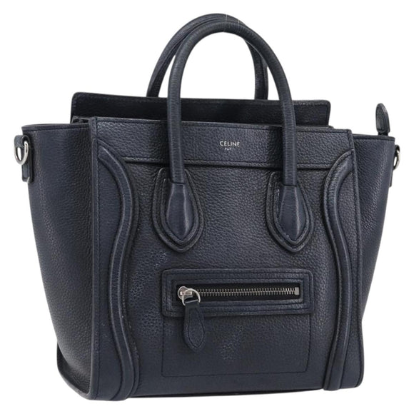 CELINE Luggage Nano Shopper Hand Bag Leather Navy Silver Auth 199504