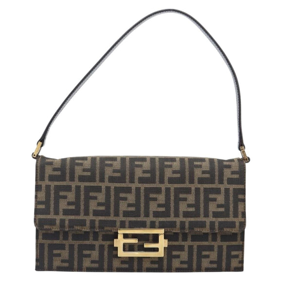 FENDI Zucca Canvas Shoulder Bag Brown Gold Tone Auth 199508A
