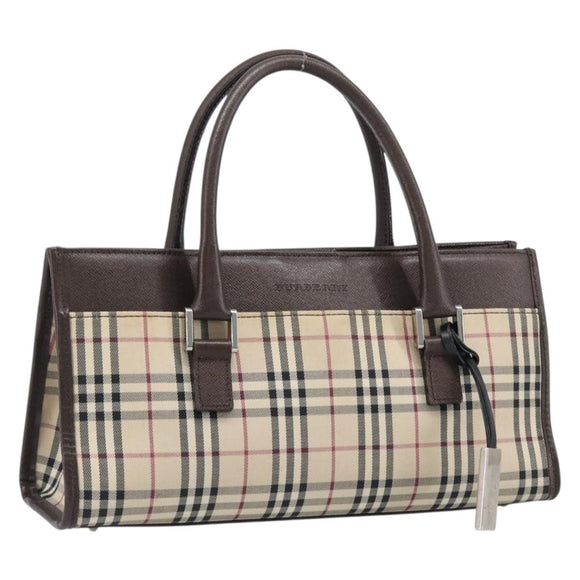 BURBERRY Nova Check Hand Bag Canvas Beige Silver Auth 199509A
