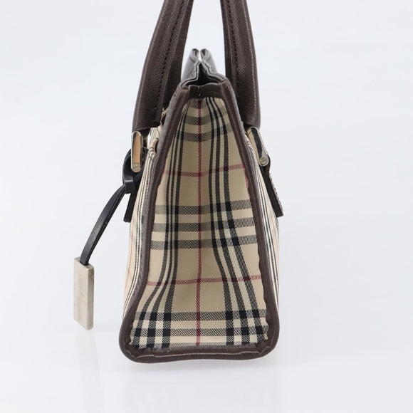 BURBERRY Nova Check Hand Bag Canvas Beige Silver Auth 199509A