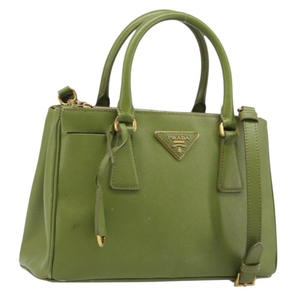 PRADA Galleria Hand Bag Saffiano 2way Green Gold Tone Auth 199533A