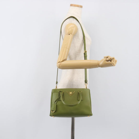 PRADA Galleria Hand Bag Saffiano 2way Green Gold Tone Auth 199533A