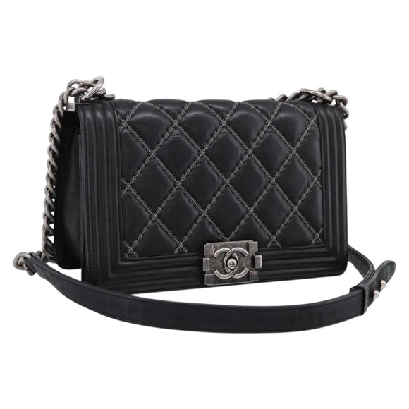 CHANEL Boy Chanel Matelasse Chain Bag Calf Skin Black Silver CC Auth 199543M