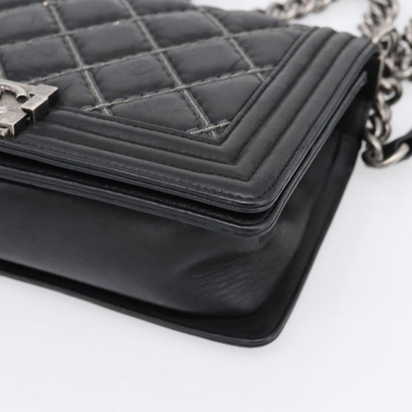 CHANEL Boy Chanel Matelasse Chain Bag Calf Skin Black Silver CC Auth 199543M