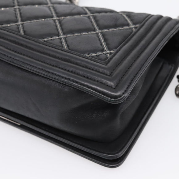 CHANEL Boy Chanel Matelasse Chain Bag Calf Skin Black Silver CC Auth 199543M