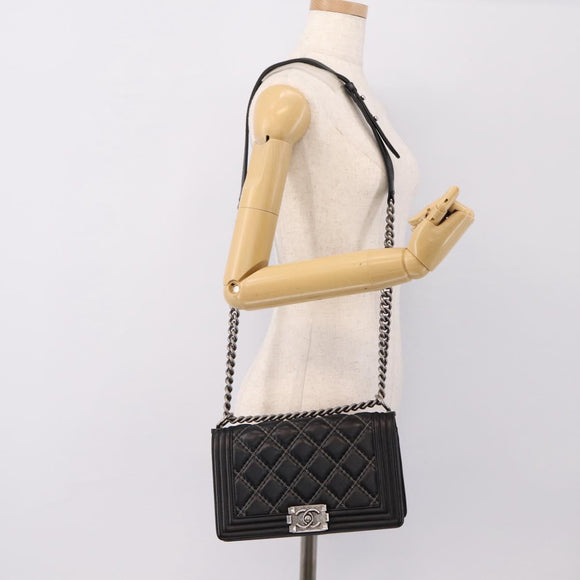 CHANEL Boy Chanel Matelasse Chain Bag Calf Skin Black Silver CC Auth 199543M