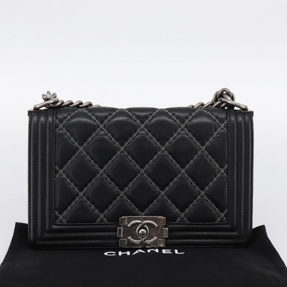 CHANEL Boy Chanel Matelasse Chain Bag Calf Skin Black Silver CC Auth 199543M