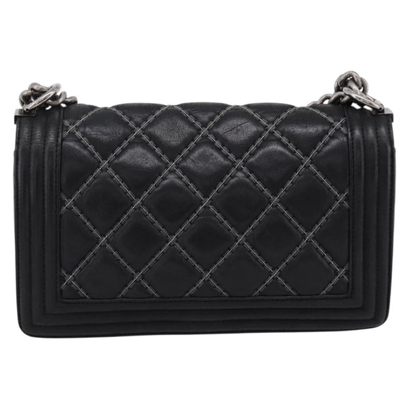 CHANEL Boy Chanel Matelasse Chain Bag Calf Skin Black Silver CC Auth 199543M