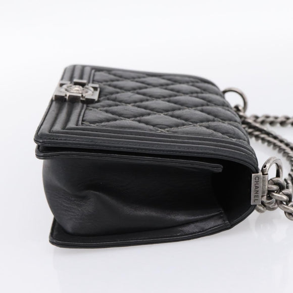 CHANEL Boy Chanel Matelasse Chain Bag Calf Skin Black Silver CC Auth 199543M