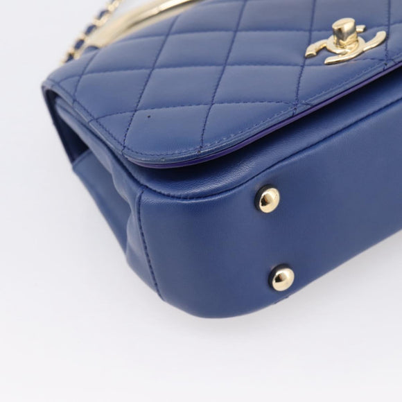 CHANEL Matelasse Top Handle Hand Bag Lamb Skin 2way Blue Gold CC Auth 199544SAM