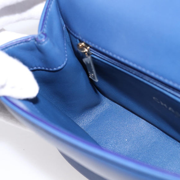 CHANEL Matelasse Top Handle Hand Bag Lamb Skin 2way Blue Gold CC Auth 199544SAM