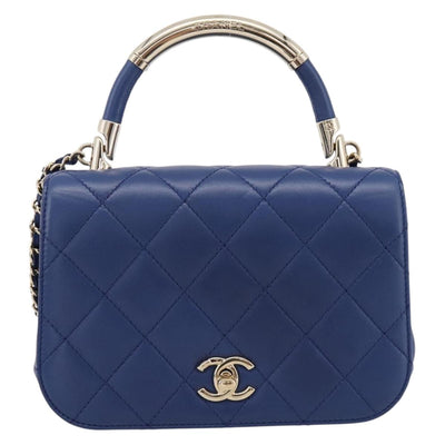 CHANEL Matelasse Top Handle Hand Bag Lamb Skin 2way Blue Gold CC Auth 199544SAM - 0