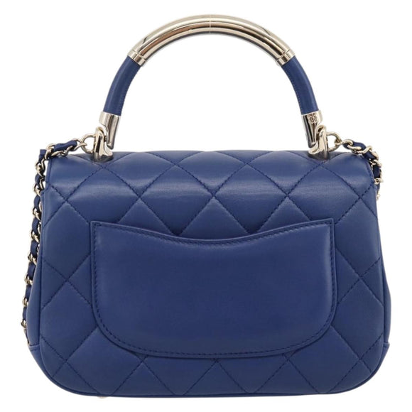 CHANEL Matelasse Top Handle Hand Bag Lamb Skin 2way Blue Gold CC Auth 199544SAM