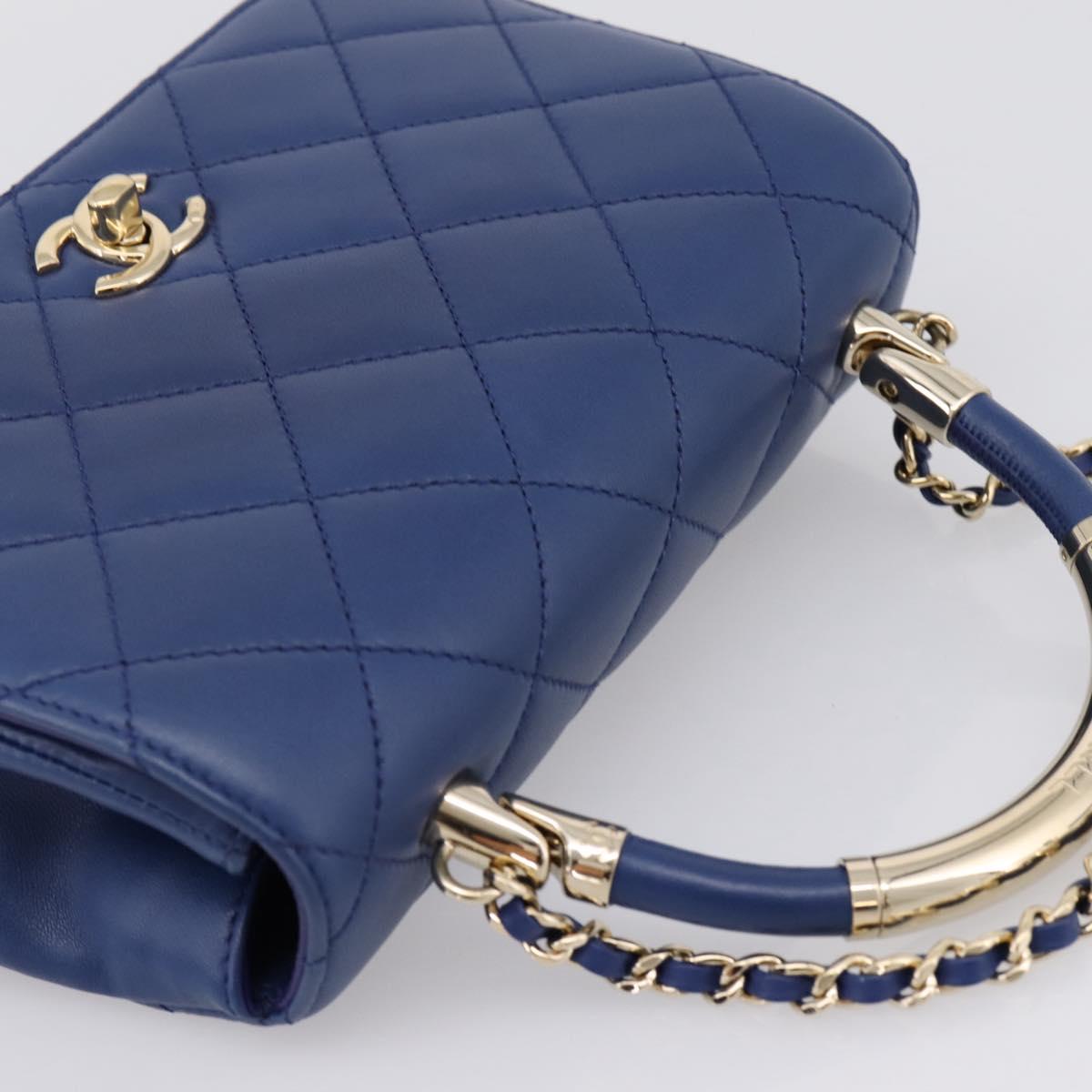 CHANEL Matelasse Top Handle Hand Bag Lamb Skin 2way Blue Gold CC