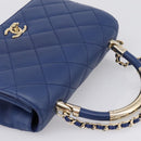 CHANEL Matelasse Top Handle Hand Bag Lamb Skin 2way Blue Gold CC Auth 199544SAM-6