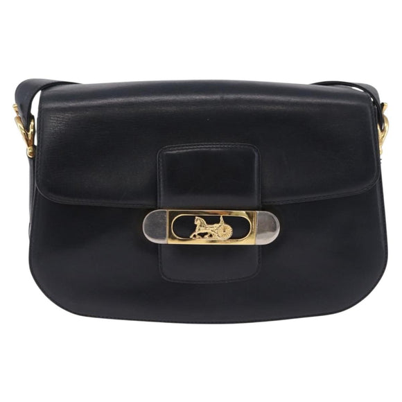 CELINE Horse Carriage Shoulder Bag Leather Black Gold Auth 199572
