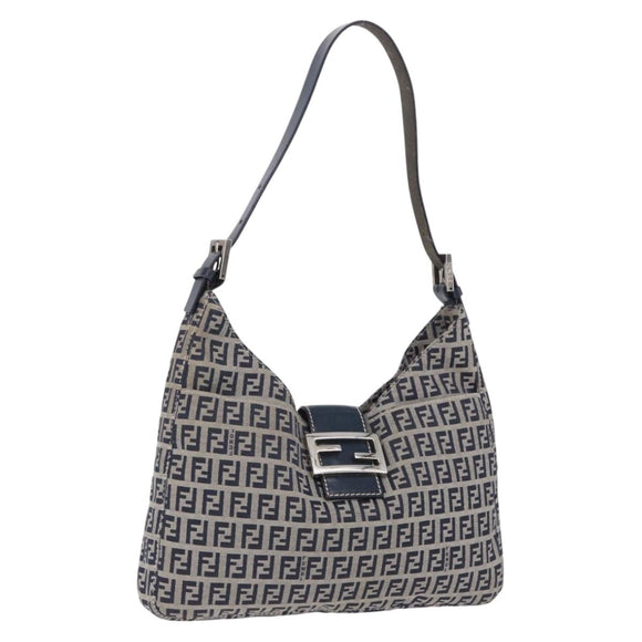 FENDI Zucchino Canvas Mamma Baguette Shoulder Bag Navy Silver Auth 199586V