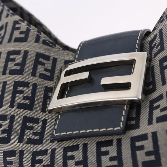 FENDI Zucchino Canvas Mamma Baguette Shoulder Bag Navy Silver Auth 199586V