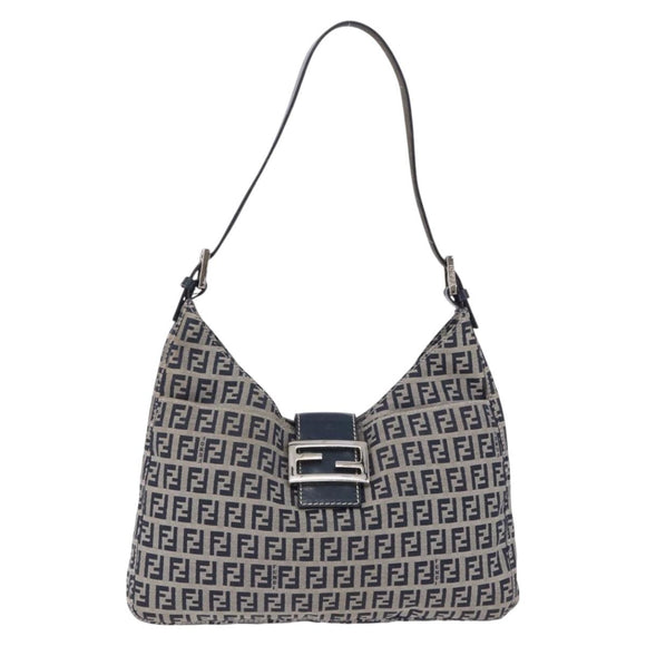 FENDI Zucchino Canvas Mamma Baguette Shoulder Bag Navy Silver Auth 199586V