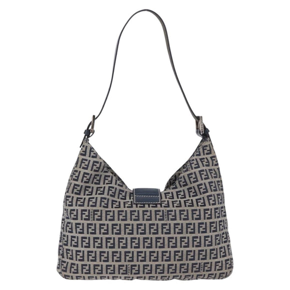 FENDI Zucchino Canvas Mamma Baguette Shoulder Bag Navy Silver Auth 199586V
